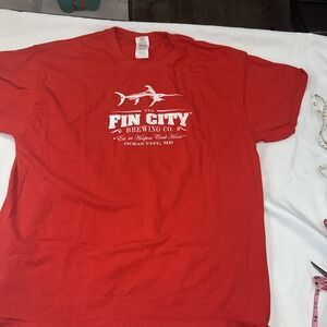 The Fin City Brewery T Shirt Xlg Red Graphic Tee  Short Sleeve Ocean City Md 266
